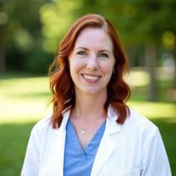 Professional headshot of Dr. Pam Vollmer in medical scrubs and lab coat.